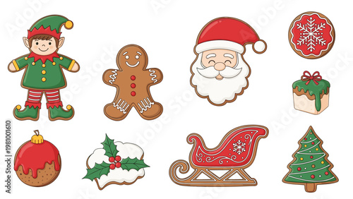 Delightful collection of festive Christmas gingerbread cookies including an elf Santa Claus and decorated holiday trees.