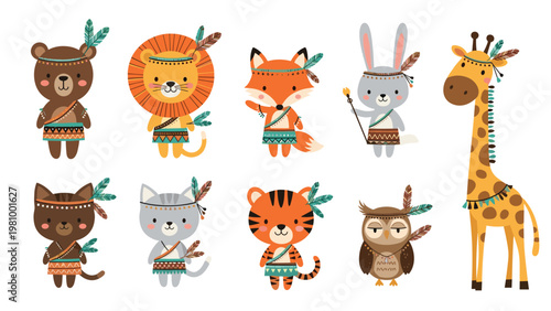Adorable set of diverse cartoon animals dressed in various tribal style outfits with colorful feathers and patterned clothing.