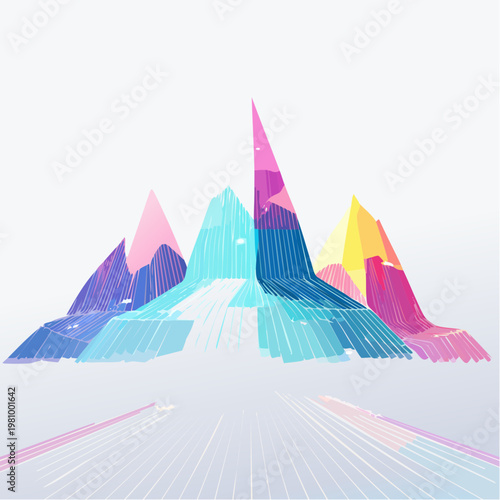 Dynamic digital landscape with vibrant abstract geometric peaks, symbolizing data visualization and future technological trends