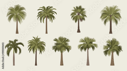 Diverse collection of ten palm tree silhouettes and detailed illustrations for tropical and beach themed designs.