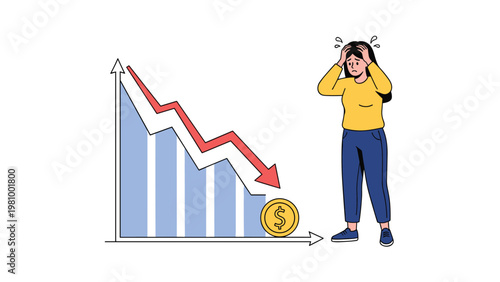 Worried and stressed woman standing next to a falling financial bar graph and a single gold dollar coin during a recession.
