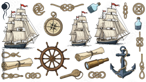 Vintage collection of nautical and maritime elements including large sailing ships a compass an anchor and a steering wheel.