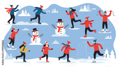 Lively and festive scene of people enjoying various outdoor winter activities like ice skating and building large snowmen.