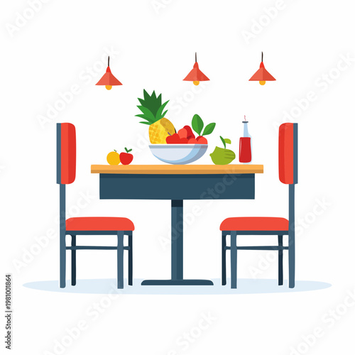 Cozy Dining Scene with Fresh Fruit and Healthy Drinks - Ideal for Breakfast or a Wholesome Meal Illustration