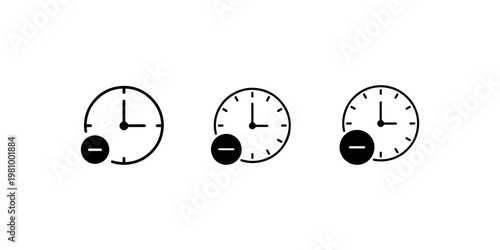 Set of black and white clock icons with minus sign, time removal or decrease, deadline, schedule, punctual, watch, reminder isolated on white background