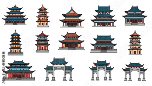 Detailed set of traditional east asian architectural buildings including various pagodas temples and ceremonial stone gates.