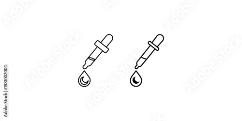 Two dropper icons with a drop of liquid falling, one filled and one outlined. Isolated on white. Great for medical or scientific concepts.