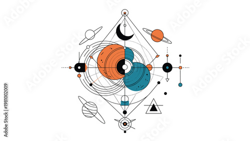 Sacred geometry cosmic illustration featuring planets moon phases and celestial symbols in a minimalist line art style.
