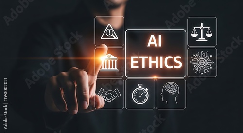 Person interacting with A I ethics on digital interface artificial intelligence