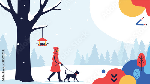 Winter landscape scene with woman walking her dog near snowy trees and bird feeder in minimalist flat vector style.