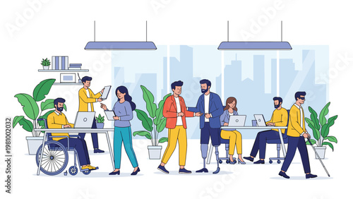 Diverse office workers including people with physical disabilities collaborating in a modern inclusive open workspace.