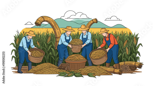 Traditional farmers harvesting corn ears and grain in a large field with mountains in vintage line art illustration style.