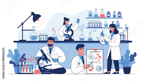Medical researchers in a laboratory environment using microscopes and analyzing data charts for scientific development.