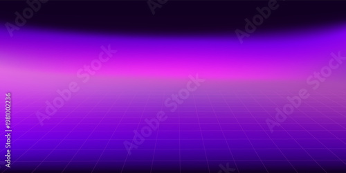 Glowing neon wireframe background. Purple shining checkered grid planes in perspective. Bright retro futuristic horizon wallpaper. Arcade game sci fi matrix surface. Vector backdrop for poster, banner