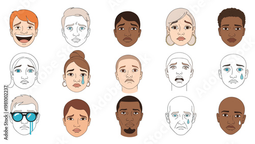 Set of diverse human faces expressing sadness grief and disappointment with tears in different skin tones and styles.