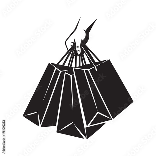 A stark black and white illustration depicts a person overwhelmed by shopping bags