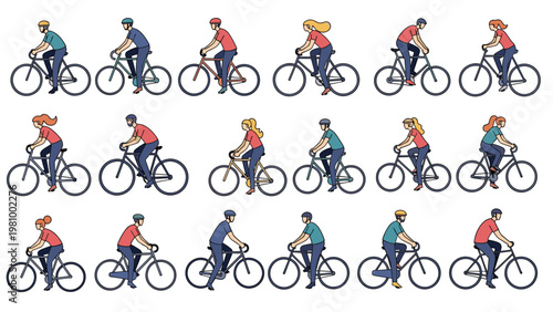 Large collection of diverse people riding bicycles in various outfits and styles on a plain white background.