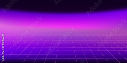 Glowing neon wireframe background. Purple shining checkered grid planes in perspective. Bright retro futuristic horizon wallpaper. Arcade game sci fi matrix surface. Vector backdrop for poster, banner