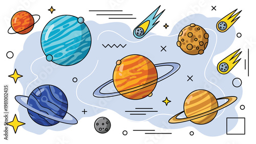 Educational outer space illustration featuring colorful planets comets asteroids and stars in a fun cartoonish galaxy.