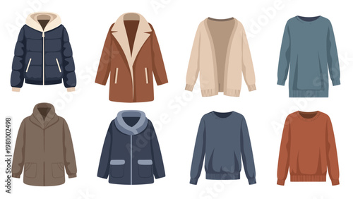 Selection of winter and autumn warm clothing items including coats jackets sweaters and cardigans in flat style.