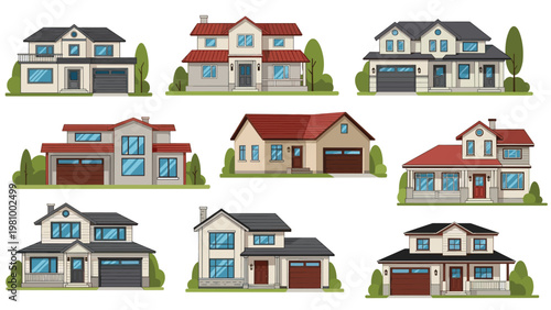 Collection of modern residential house designs in different architectural styles and sizes with garden landscapes.