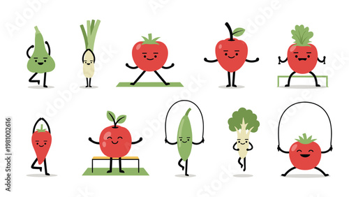 Cute vegetable and fruit characters performing various exercises and yoga poses for active healthy lifestyle themes.