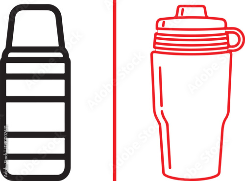 Thermos flask and shaker bottle line art icons vector illustration for hydration and fitness