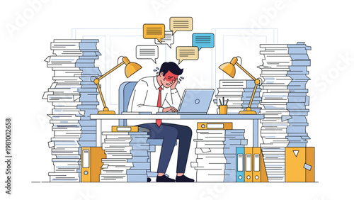 Overwhelmed businessman sitting at his desk stressed by huge piles of paperwork and many message notifications.