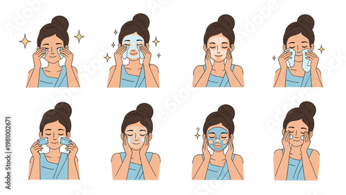 Steps of a woman's skincare routine showing face masks cleansing and beauty treatments in a clean vector style.