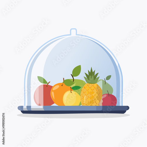 Assortment of Fresh Healthy Organic Fruits Neatly Arranged Under a Clear Glass Cloche for Serving or Display