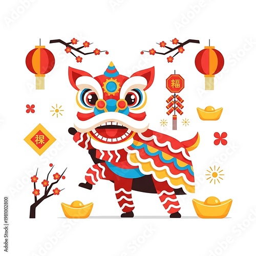 Chinese New Year Lion Dance Celebration Festive Design.