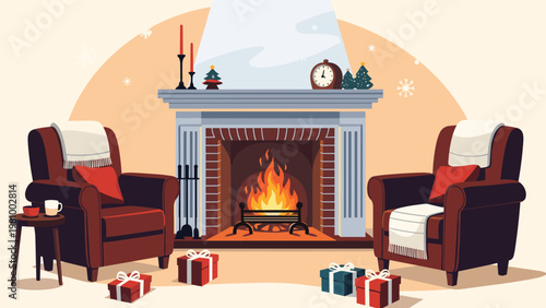 Warm and cozy living room interior features a crackling fireplace with holiday decorations and colorful gift boxes on the floor.