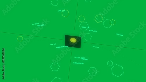 Yellow core pulsing hub spinning while green arms sweeping hex nodes glowing on transparent field