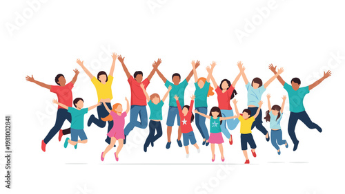 Large group of diverse people including men women and children celebrate with joy as they jump high against a white background.