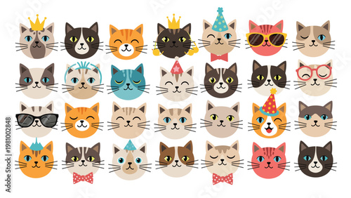 Adorable grid of various cat face avatars featuring cute accessories like party hats, sunglasses, and bow ties.