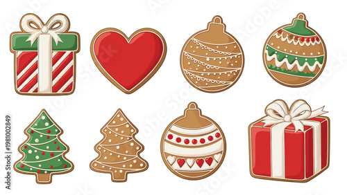 Assortment of beautifully decorated gingerbread cookies in festive shapes like trees, hearts, gifts, and ornaments.