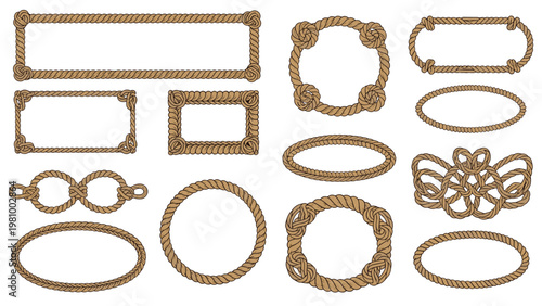 Set of decorative frames and borders made from brown twisted rope in various shapes for marine and nautical designs.