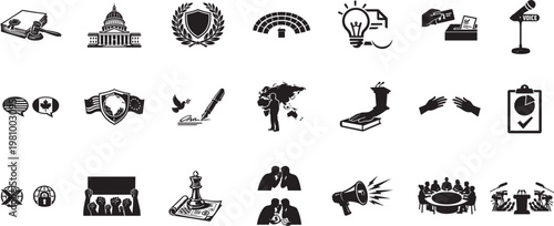 Politics and diplomacy fill icon set with government, voting and global relations symbols.