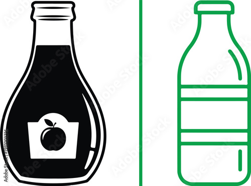 Minimalist vector icons of a juice bottle with apple label and a water bottle outline for beverage packaging design