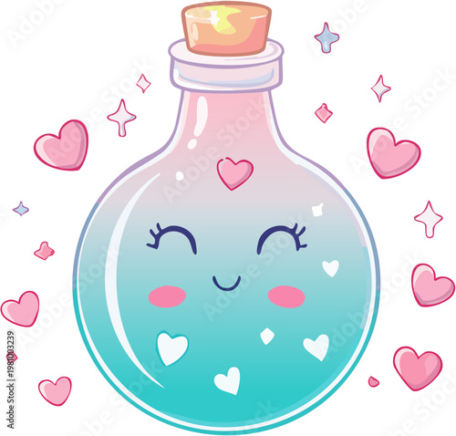 Cute Kawaii Magic Potion Bottle with Turquoise and Pink Glowing Liquid