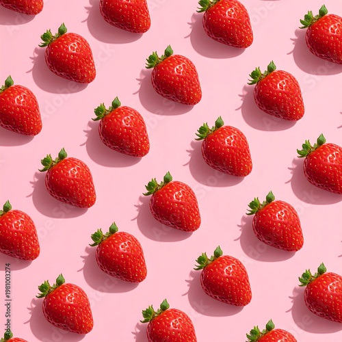 A pattern of ripe strawberries on a pink background