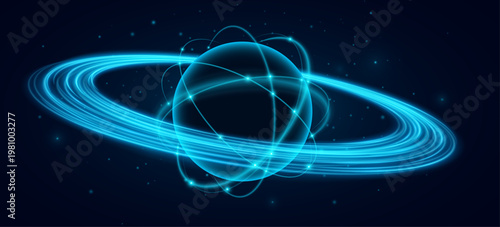 Abstract glowing atom featuring blue elliptical rings with swirling light trails around on dark background. Atomic structure concept for for scientific backdrop or cover. Vector illustration.