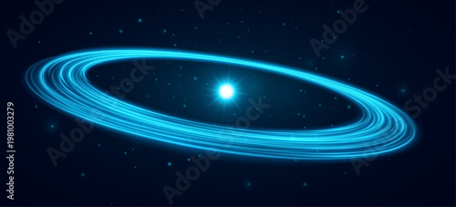 Abstract glowing blue atom with swirling dynamic elliptical light trails circling a radiant central energy source. Atomic energy concept for scientific backdrop. Vector illustration.