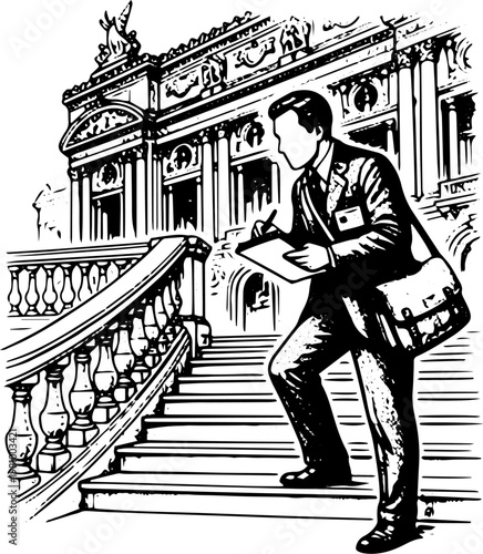 Black and White Vintage Vector Illustration of Businessman in Suit Running Down Stairs with Documents and Briefcase