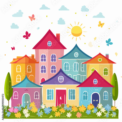 Charming Cartoon Village with Colorful Houses and Blooming Flowers Under Sunny Sky