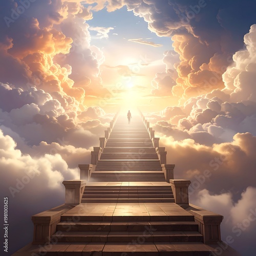 A person ascends a long staircase towards a bright sun