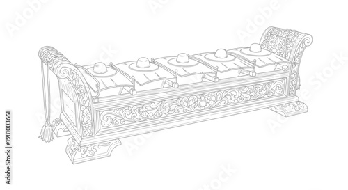 Intricately carved wooden Asian daybed with ornate details