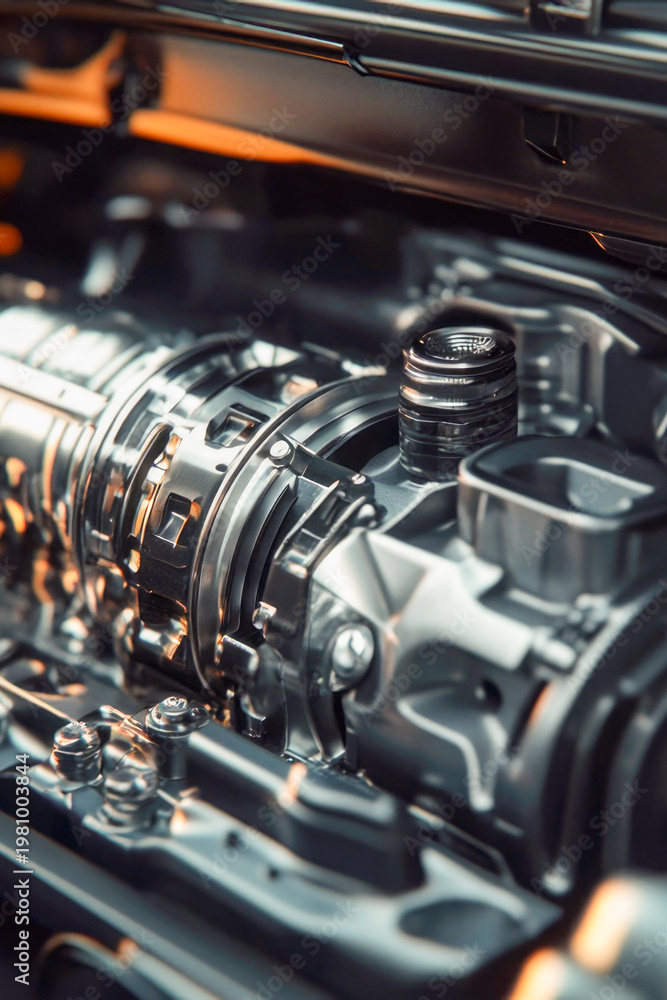 Fototapeta premium A detailed view of a car engine's inner workings. vertical frame