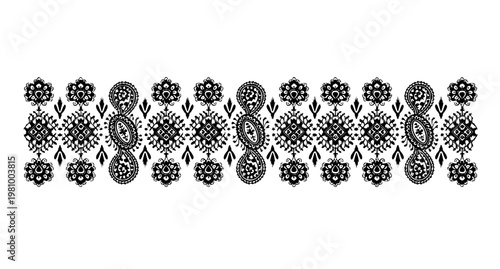 Black and white African paisley boho floral ikat seamless border vector ethnic embroidery design for textile and saree