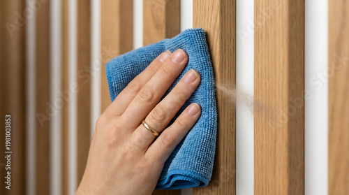 Hand wiping down a wooden surface with a blue cloth, cleaning a slatted wood panel.
